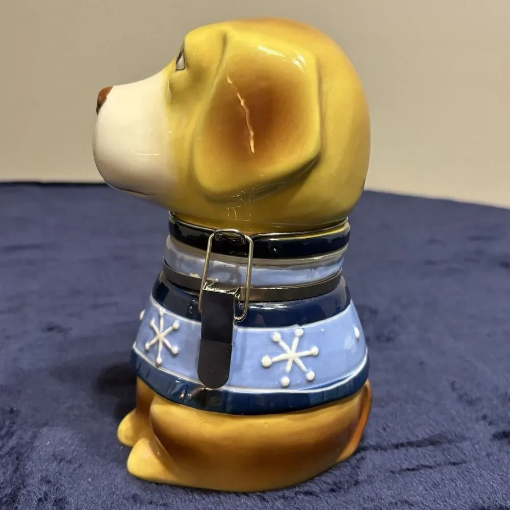 Boston Warehouse Ceramic Dog Treat Jar - Yellow Dog, Snowflake Holiday Motif